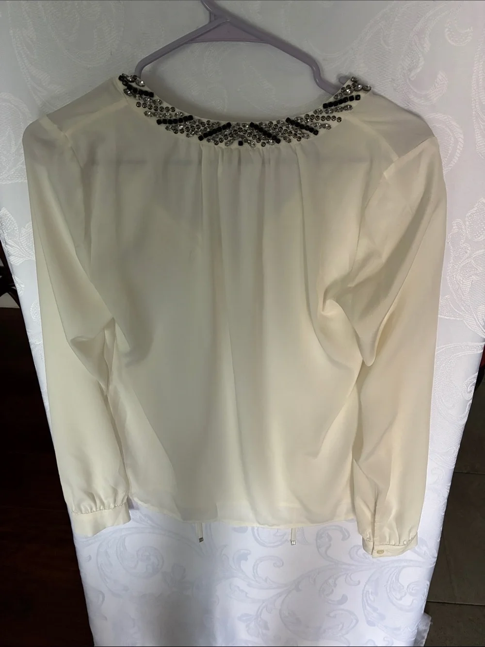 Michael Kors Cream Beaded-Collar Long Sleeve Blouse